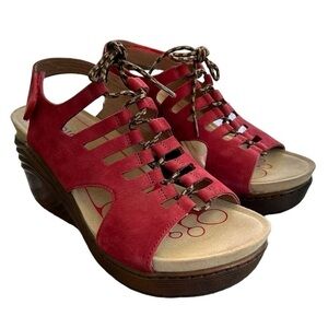 BIONICA Sirus Platform Wedge Lace Up Sandal  Red Nubuck WORN ONCE Size 10